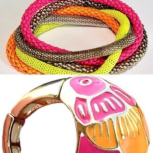 Trendy Boutique Pink Orange Multi Neon Bracelet Ring Set